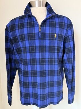 Polo Ralph Lauren Plaid Estate-Rib Blue Quarter-Zip Pullover Sweatshirt Mens Med